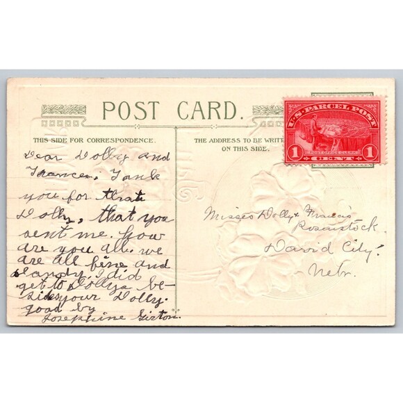 Postcard Glad New Year Embossed Purple Flowers Gold Winsch c1912 Parcel Stamp - Picture 2 of 2